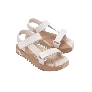 Melissa - Flowing Papette Velcro Two Strap Metflex Beige And White Sandal Size 7